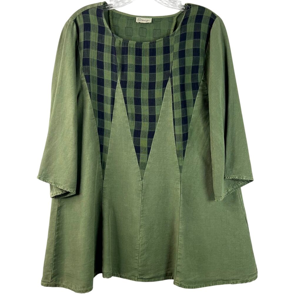 Sooniya Women's Lagenlook Green Plaid Flowy Tencel Tunic Top 3/4 Sleeves Size S